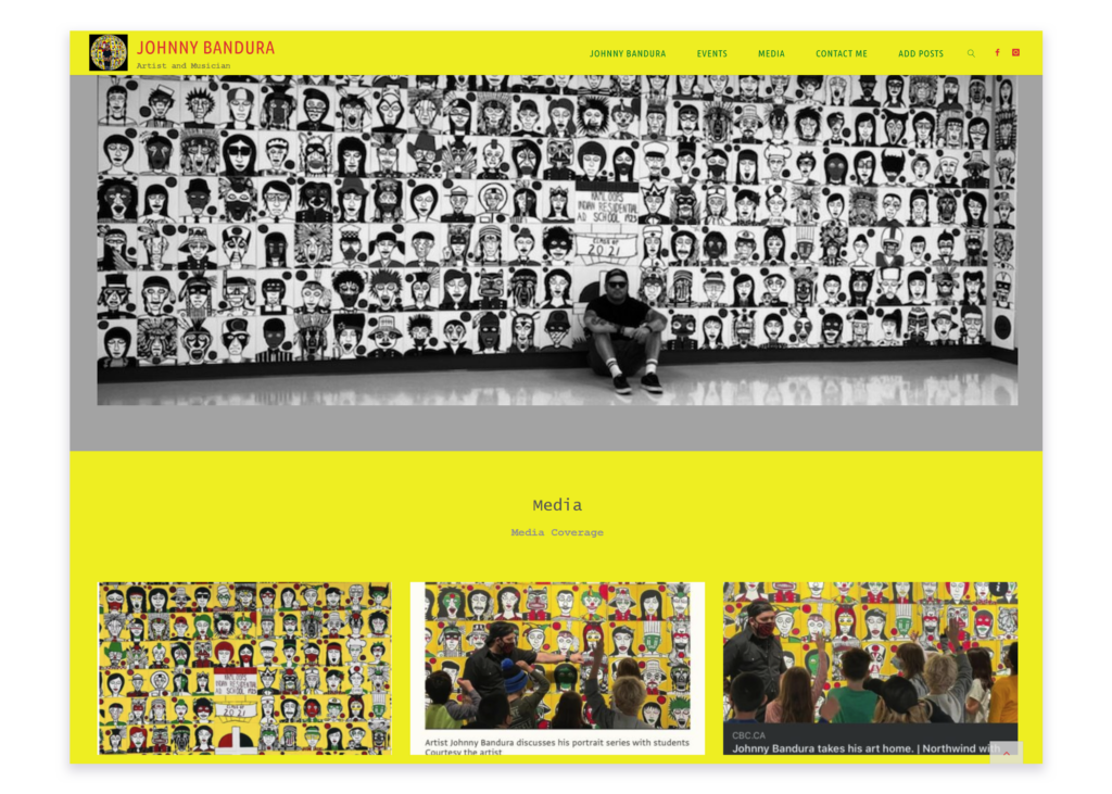 Website for artist Johnny Bandura showing a mural of stylized portraits. Bandura sits in front of the artwork, with media coverage images of him engaging with students below.