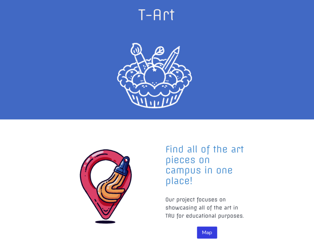 Illustrated “Campus Art Map” showing a campus layout with marked locations of art installations, each labeled or numbered, designed to guide viewers through a visual tour of campus artwork.