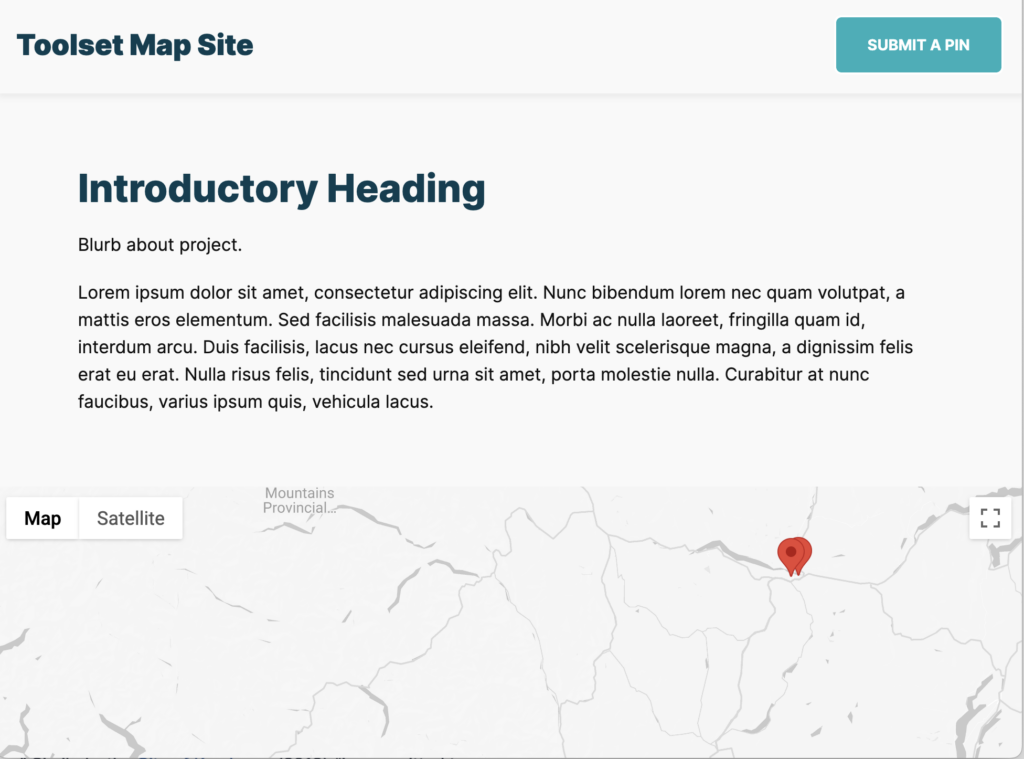 Web page titled “Toolset Map Site” with an intro heading, placeholder text, a “Submit a Pin” button, and a map with a red location pin and Map/Satellite toggle.
