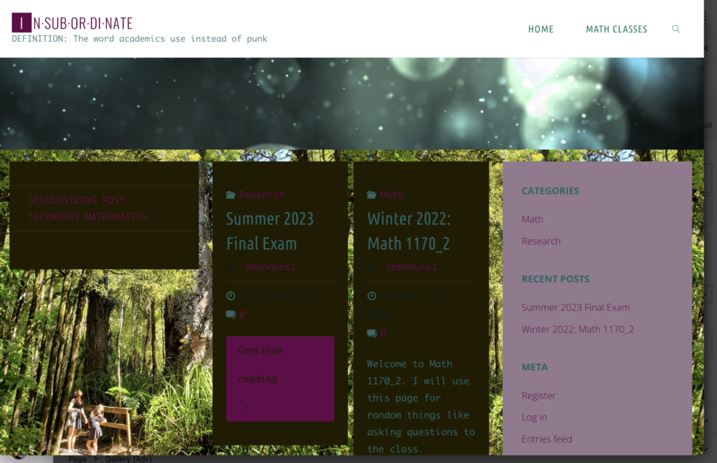 Website titled “Insubordinate” with a subtitle, forest background, blog posts on math and research, and sidebar links to categories, recent posts, and login options.